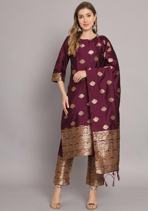 Purple Motif Silk Kurta Set