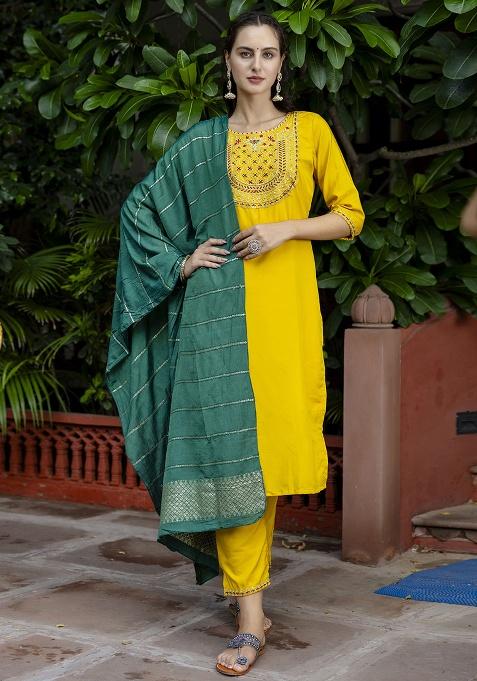 Green Motif Silk Kurta Set