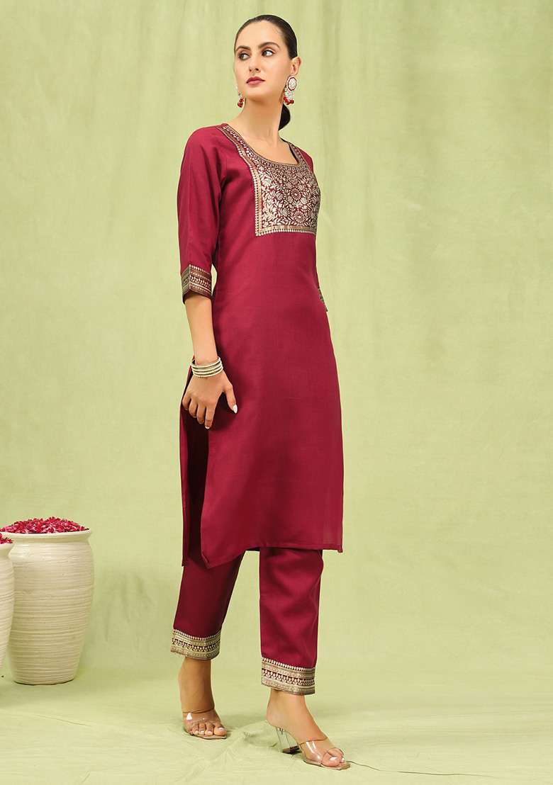 Maroon Embroidered Cotton Straight Kurta Set - Indya
