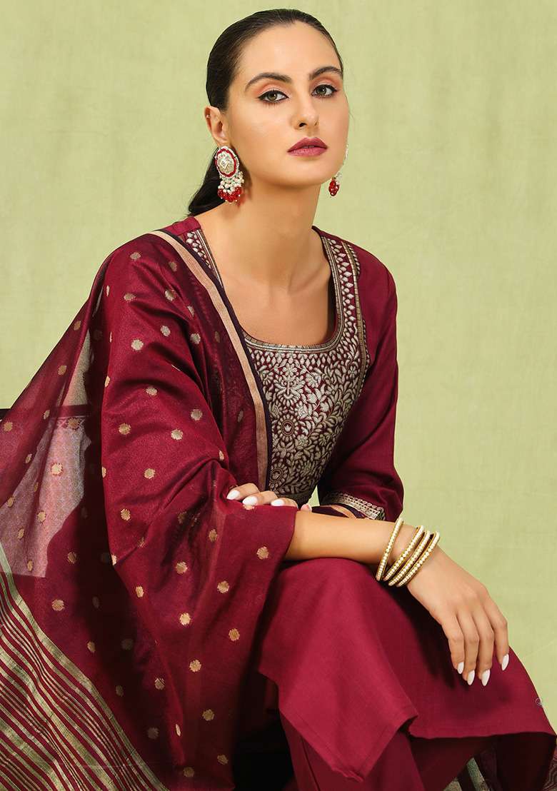 Maroon Embroidered Cotton Straight Kurta Set - Indya