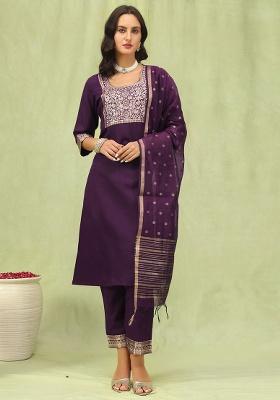 Purple Embroidered Cotton Straight Kurta Set