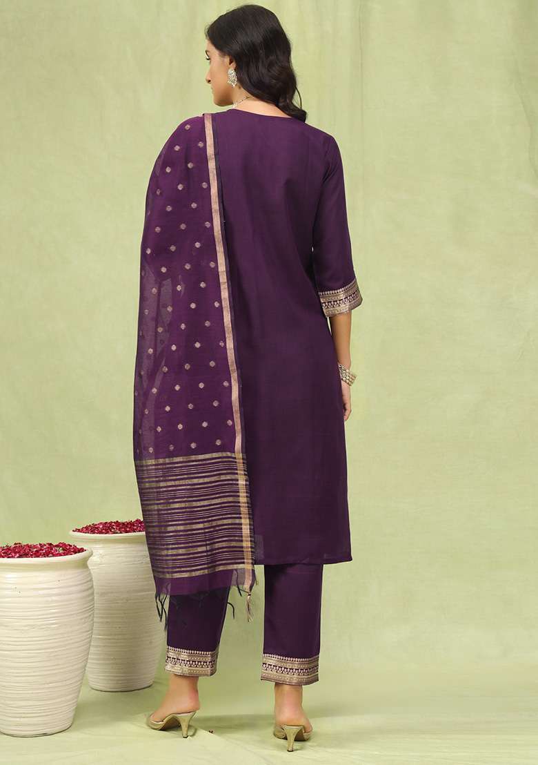 Purple Embroidered Cotton Straight Kurta Set - Indya
