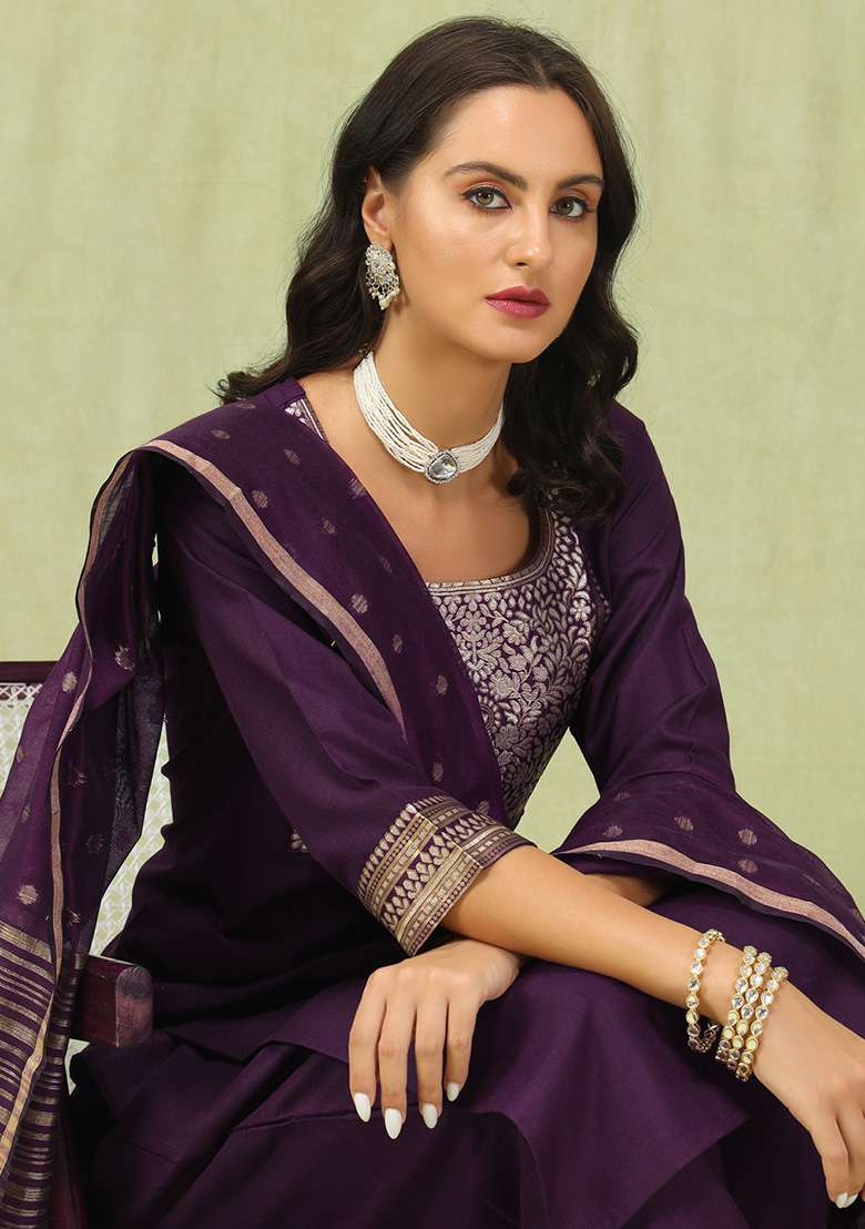 Purple Embroidered Cotton Straight Kurta Set - Indya