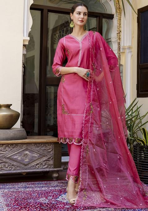Pink Motif Silk Kurta Set