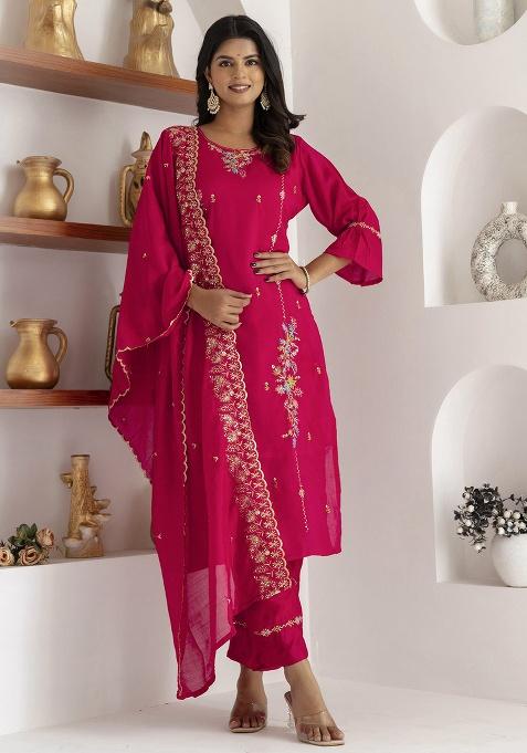 Pink Motif Silk Kurta Set