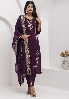 Wine Embroidered Silk Blend Straight Kurta Set