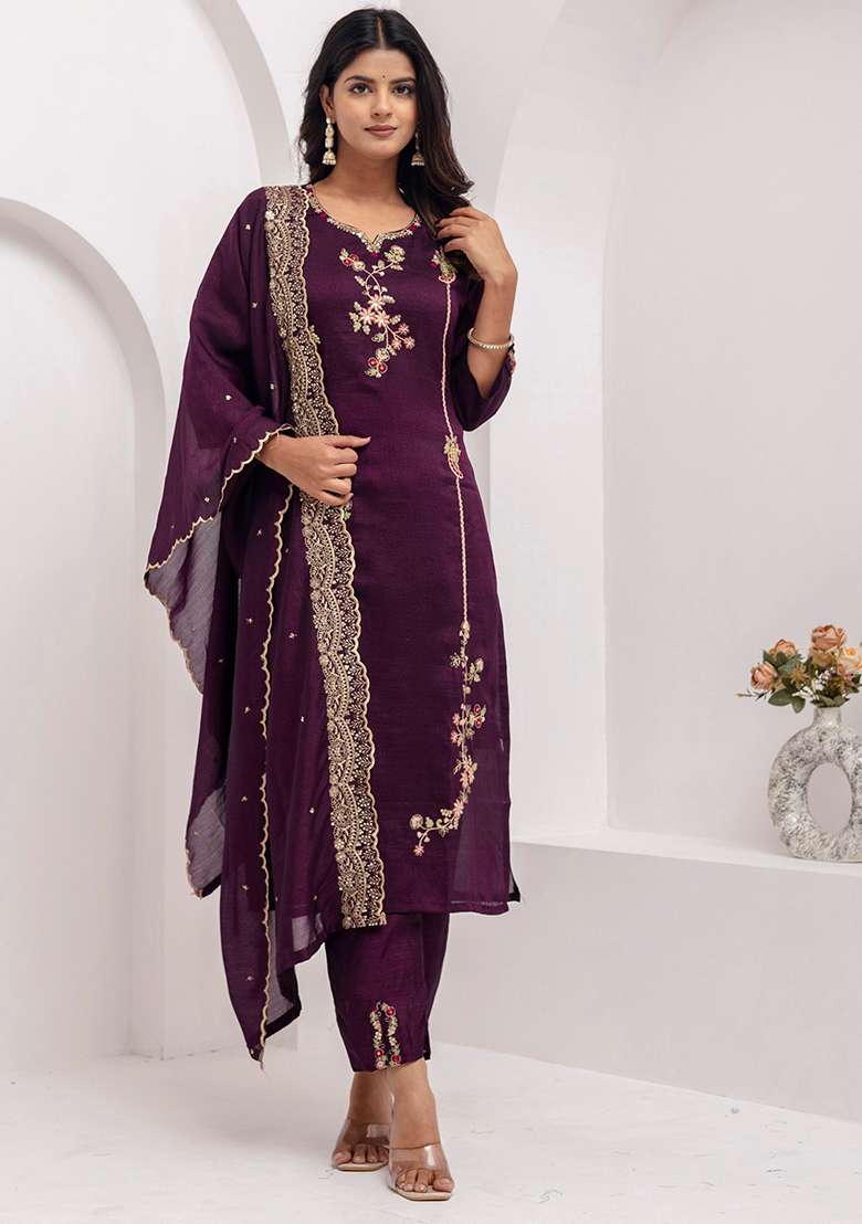 Wine Embroidered Silk Blend Straight Kurta Set - Indya