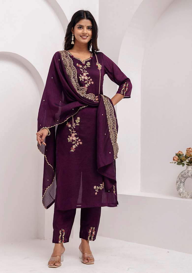 Wine Embroidered Silk Blend Straight Kurta Set - Indya