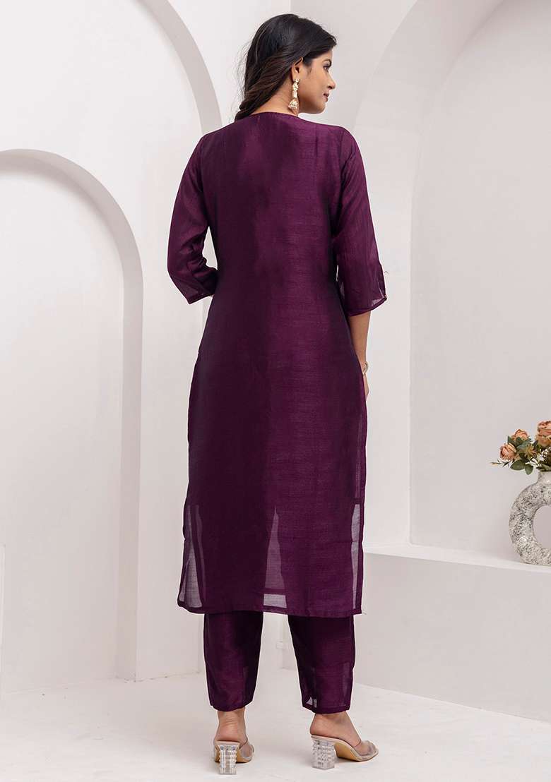 Wine Embroidered Silk Blend Straight Kurta Set - Indya