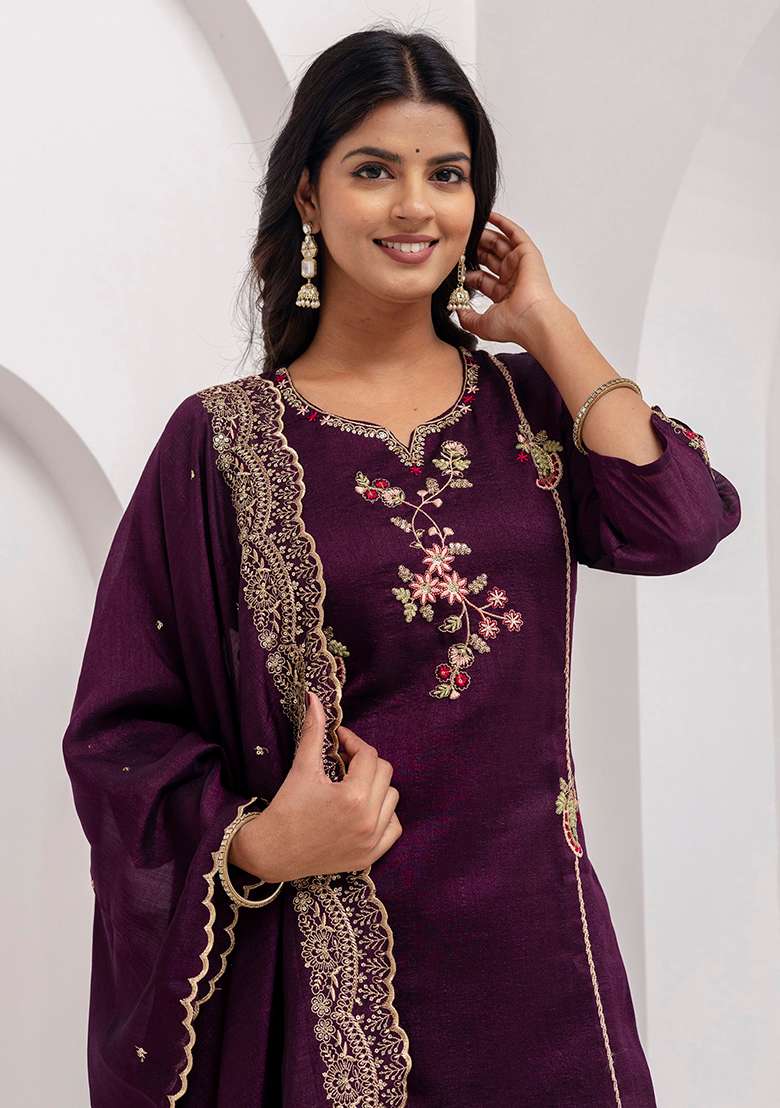 Wine Embroidered Silk Blend Straight Kurta Set - Indya
