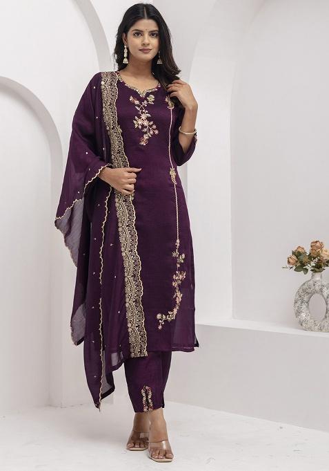 Wine Motif Silk Kurta Set