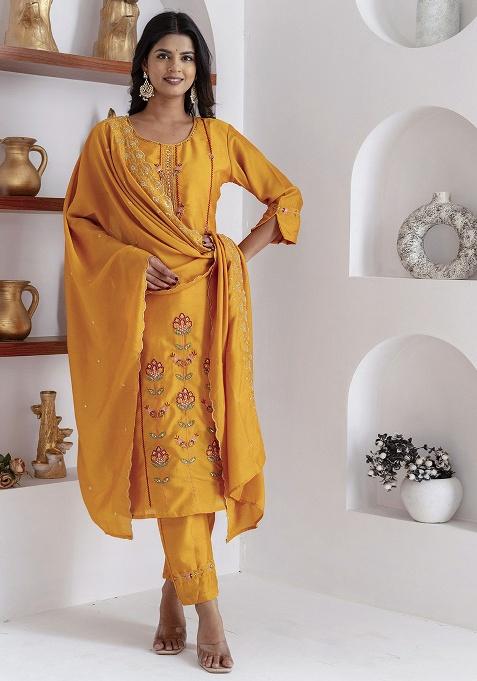 Yellow Motif Silk Kurta Set
