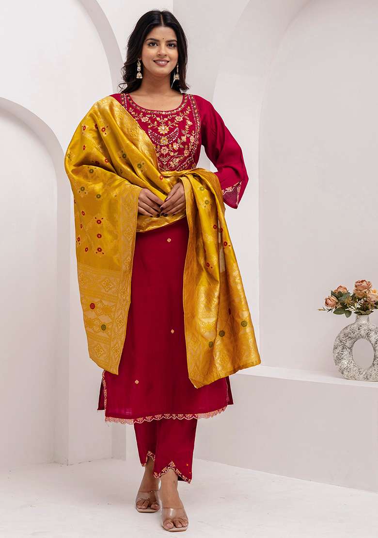 Maroon Embroidered Silk Blend Straight Kurta Set - Indya
