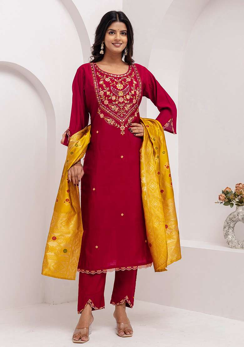 Maroon Embroidered Silk Blend Straight Kurta Set - Indya
