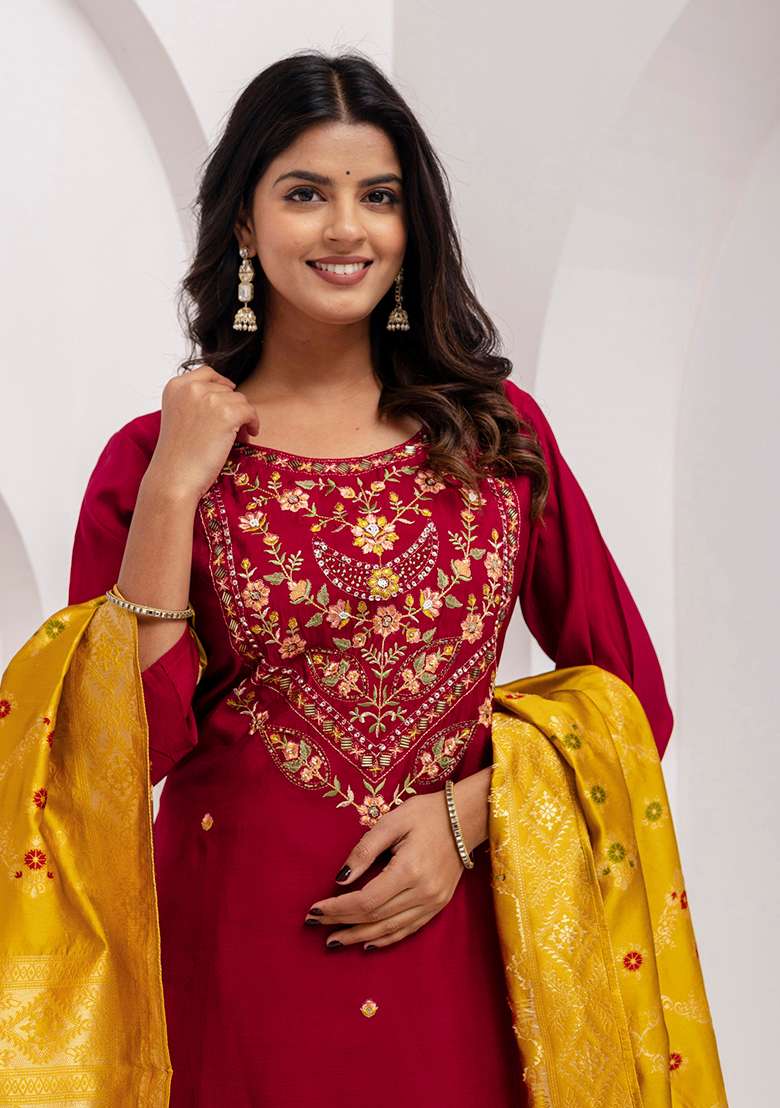 Maroon Embroidered Silk Blend Straight Kurta Set - Indya