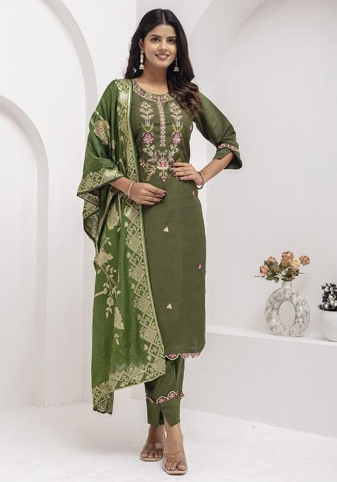 Mehendi Motif Silk Kurta Set