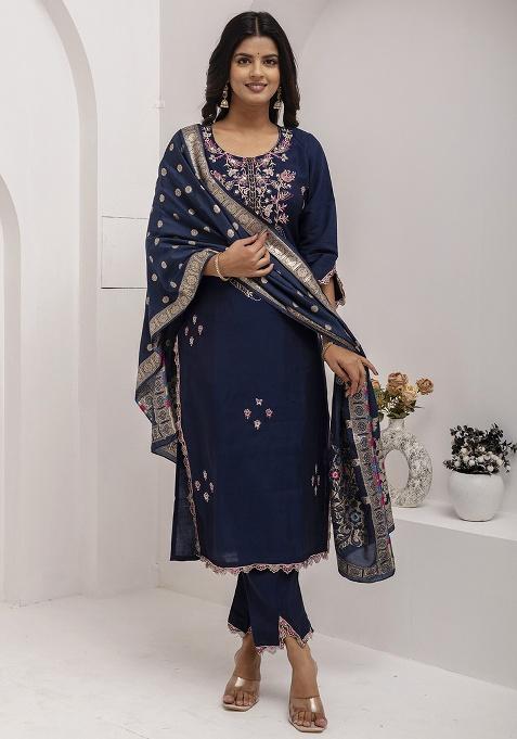 Navy Blue Motif Silk Kurta Set