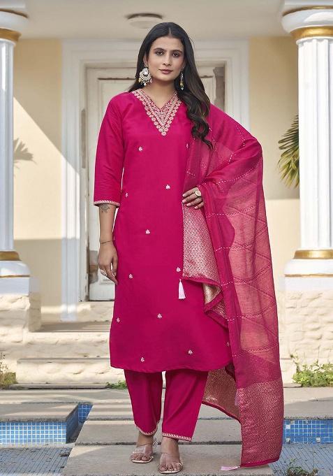 Rani Pink Motif Silk Kurta Set