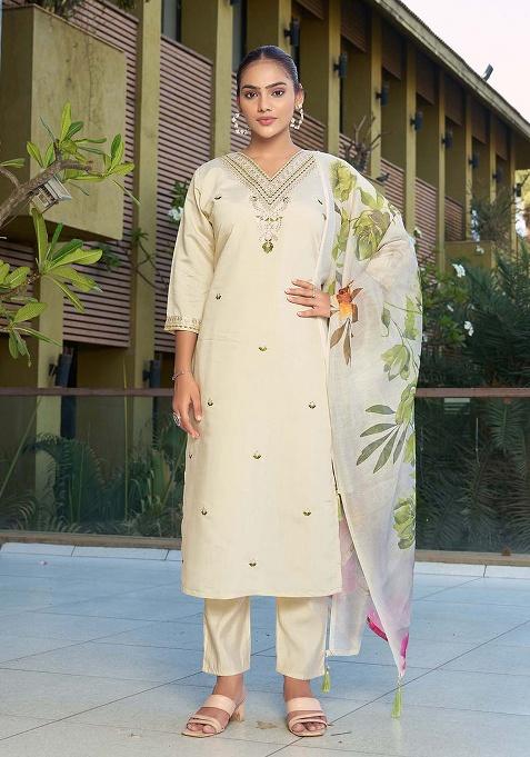 Cream Motif Silk Kurta Set