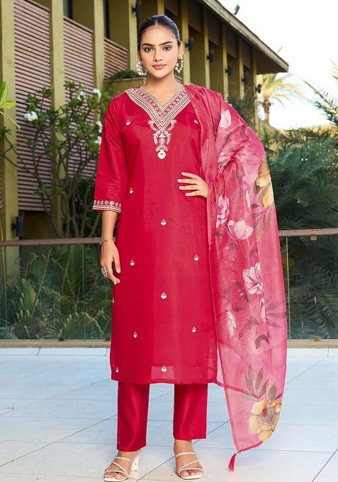 Red Motif Silk Kurta Set