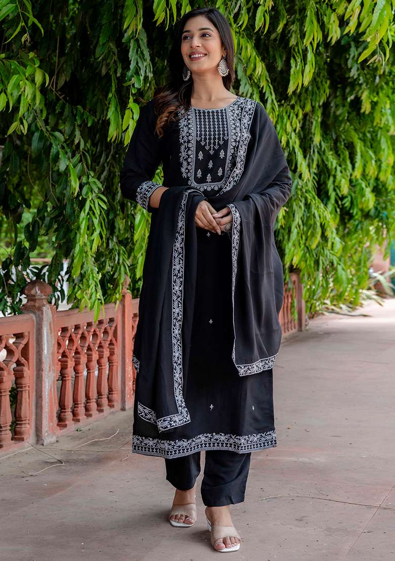 Black Embroidered Silk Blend Straight Kurta Set - Indya