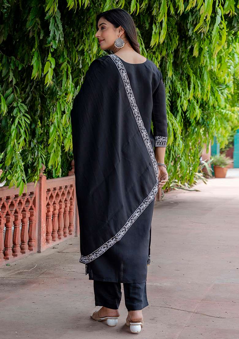 Black Embroidered Silk Blend Straight Kurta Set - Indya