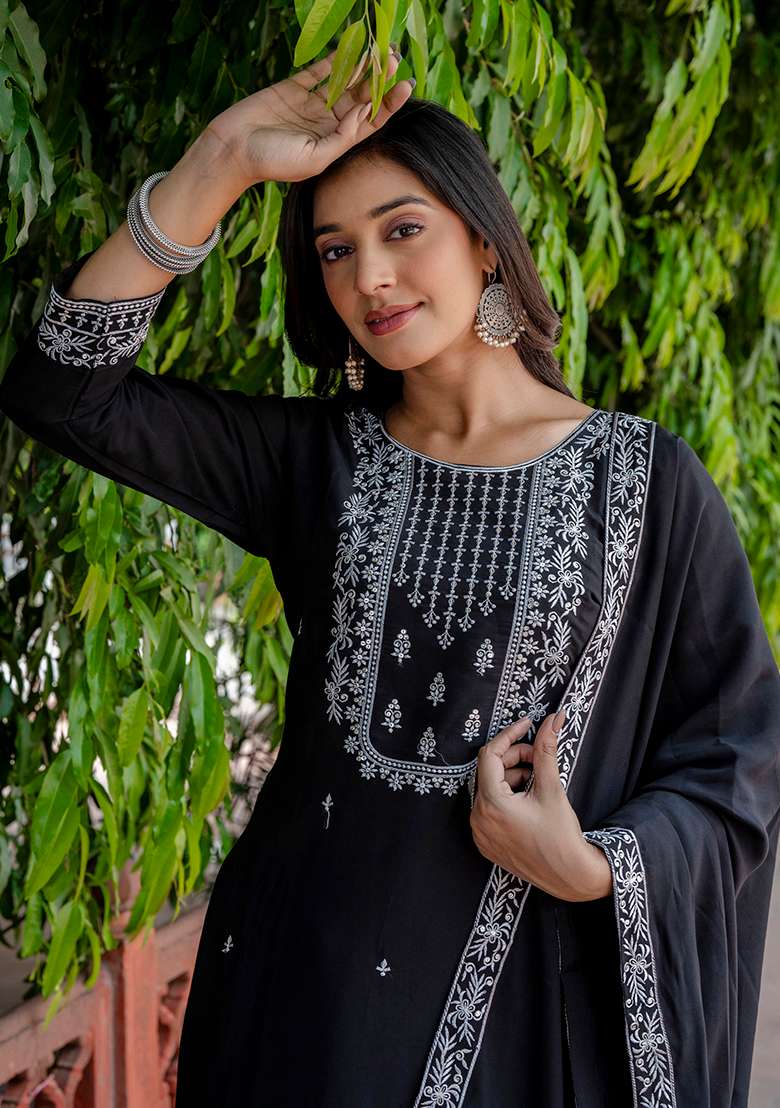 Black Embroidered Silk Blend Straight Kurta Set - Indya