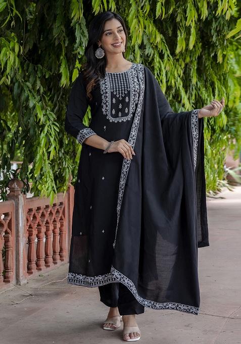 Black Embroidered Silk Straight Kurta Set