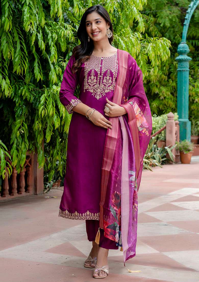 Purple Embroidered Silk Blend Straight Kurta Set - Indya