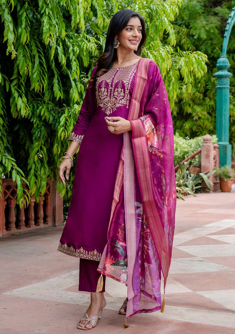 Purple Embroidered Silk Blend Straight Kurta Set - Indya