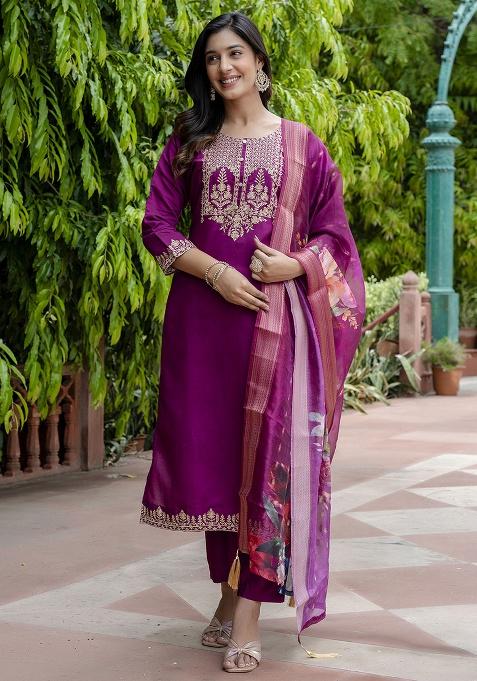 Purple Embroidered Silk Straight Kurta Set