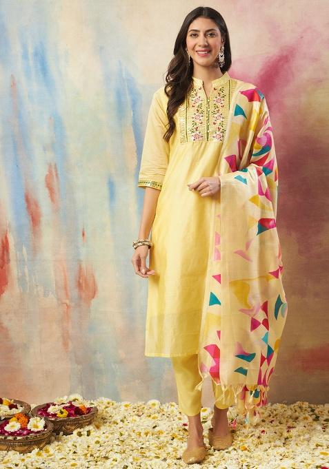 Yellow Motif Silk Kurta Set