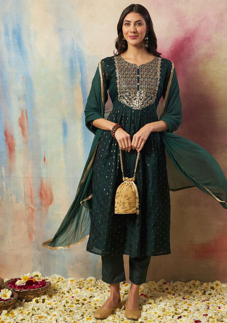 Green Embroidered Silk Blend A Line Kurta Set - Indya
