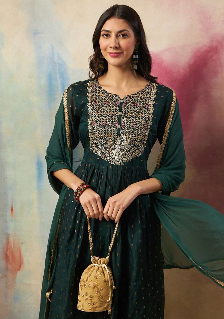 Green Embroidered Silk Blend A Line Kurta Set - Indya
