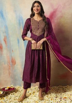 Purple Embroidered Silk A Line Kurta Set