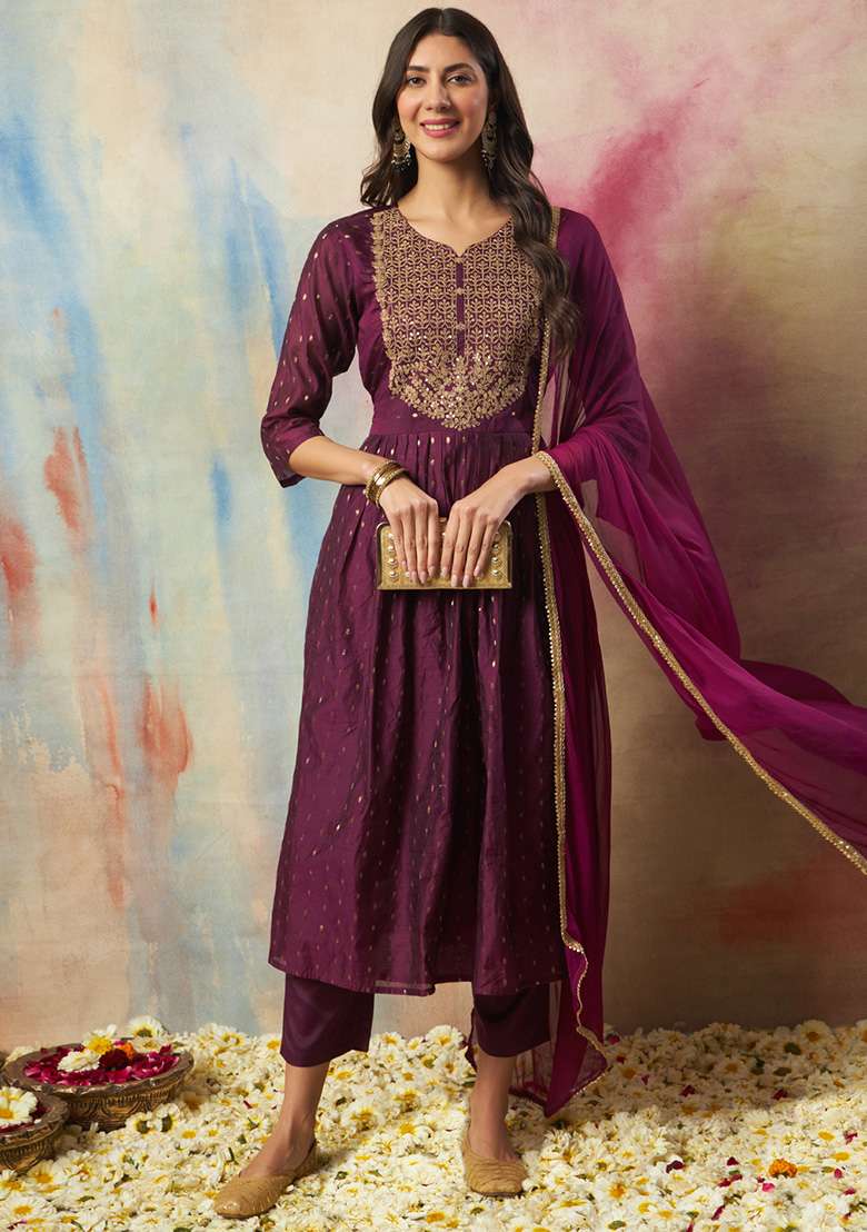 Purple Embroidered Silk Blend A Line Kurta Set - Indya