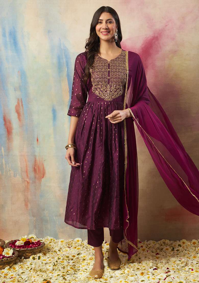 Purple Embroidered Silk Blend A Line Kurta Set - Indya