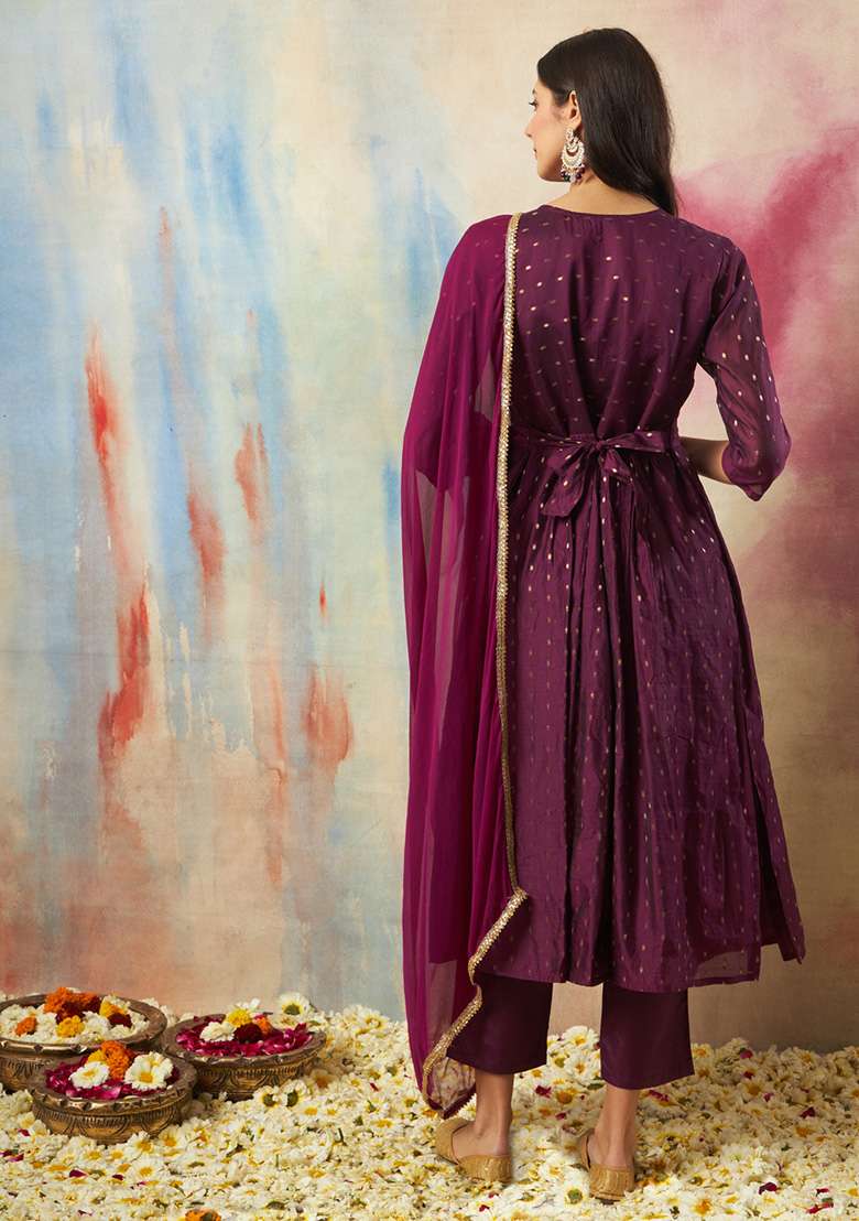 Purple Embroidered Silk Blend A Line Kurta Set - Indya