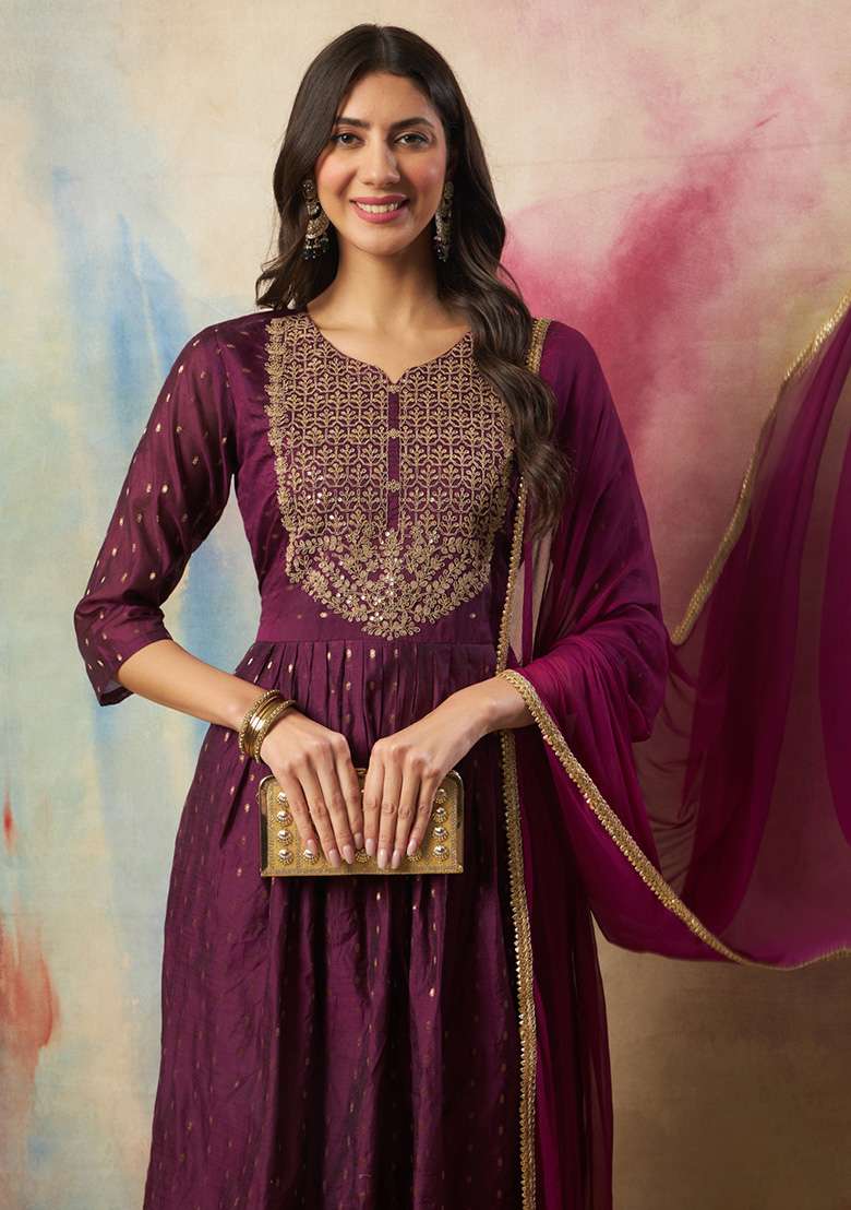 Purple Embroidered Silk Blend A Line Kurta Set - Indya