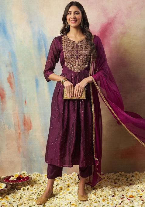Purple Motif Silk Kurta Set