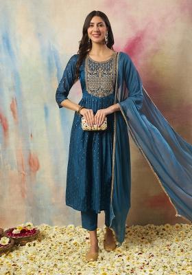 Teal Blue Embroidered Silk Straight Kurta Set