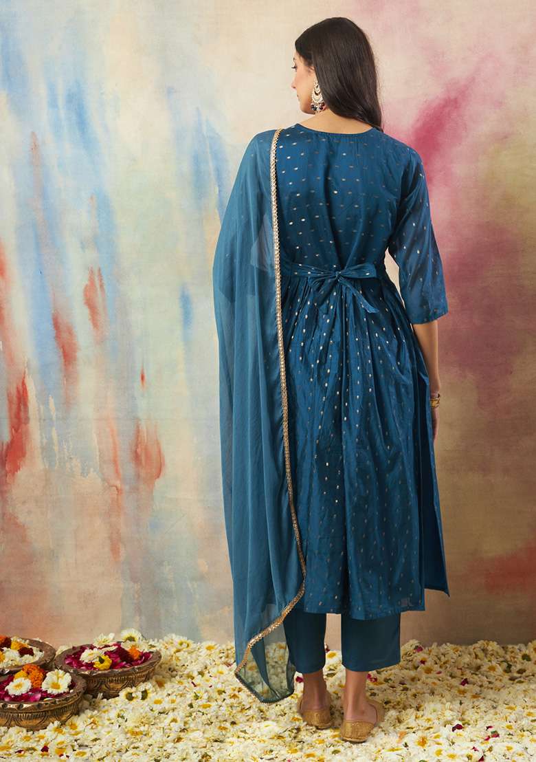 Teal Blue Embroidered Silk Blend Straight Kurta Set - Indya
