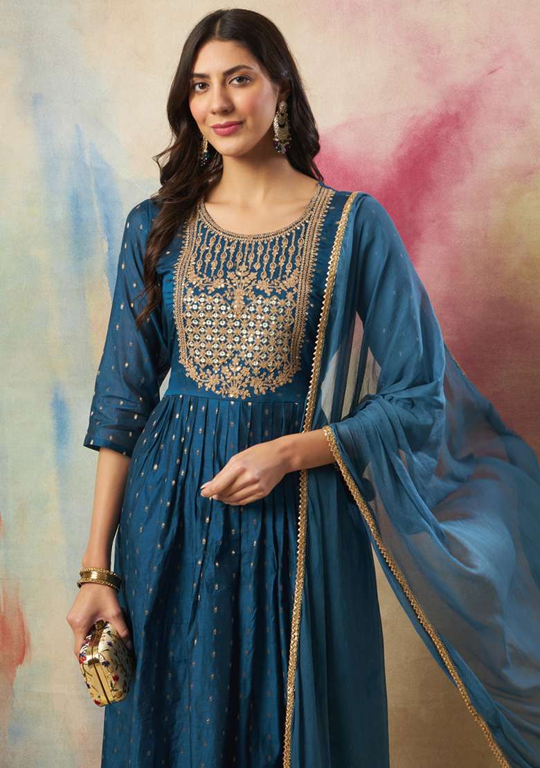 Teal Blue Embroidered Silk Blend Straight Kurta Set - Indya