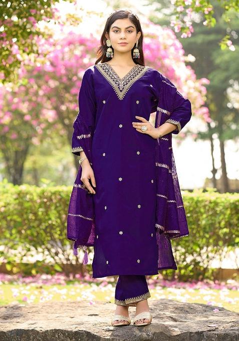 Purple Motif Silk Kurta Set