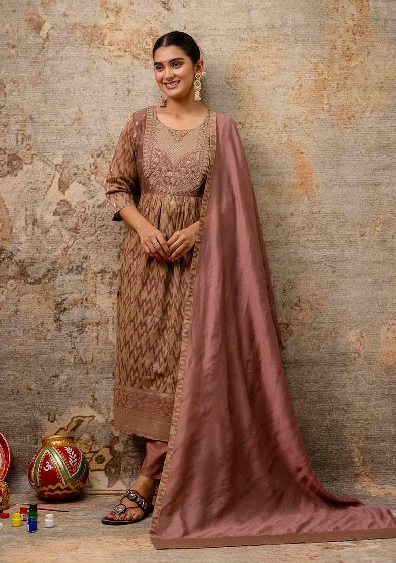Brown Printed Silk Blend Pakistani Suit Set - Indya
