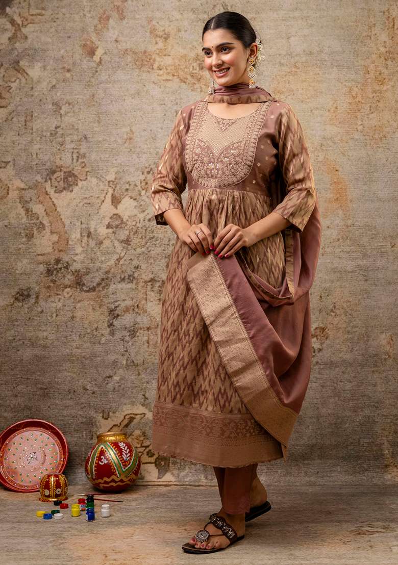 Brown Printed Silk Blend Pakistani Suit Set - Indya
