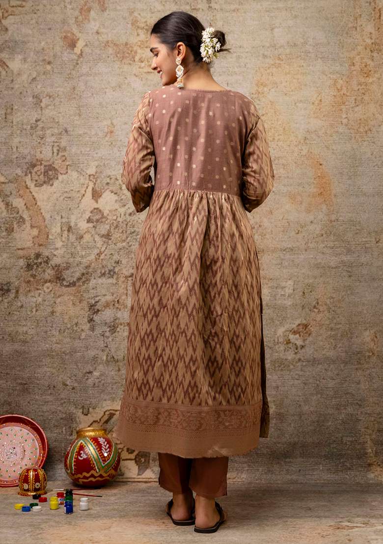 Brown Printed Silk Blend Pakistani Suit Set - Indya