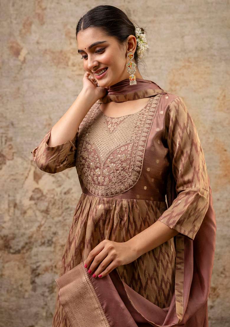 Brown Printed Silk Blend Pakistani Suit Set - Indya