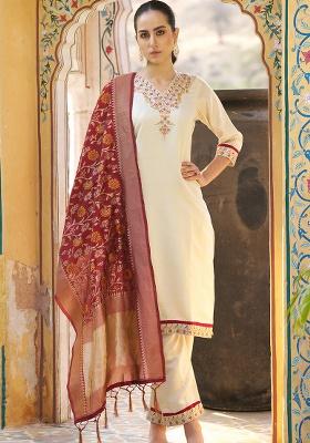 Maroon Embroidered Silk Straight Kurta Set