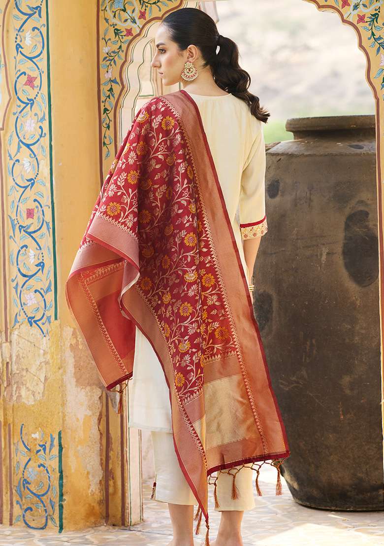 Maroon Embroidered Silk Blend Straight Kurta Set - Indya